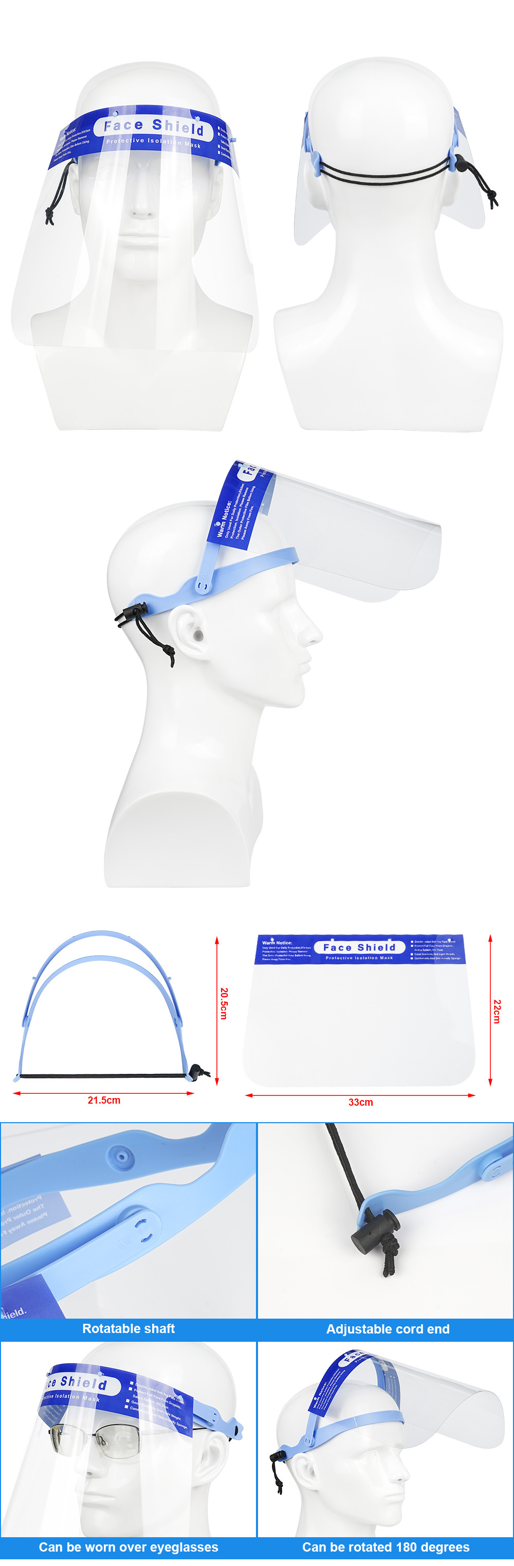 Custom Full Face Plastic Face Shield 1 Frame With 10 Plastic Anti Saliva Protective Film Replaceable