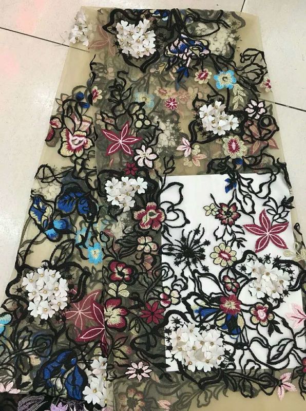 Multi Color Embroidered 3D Flower Lace Fabric / Fabric , Bead Lace Tulle For Dress