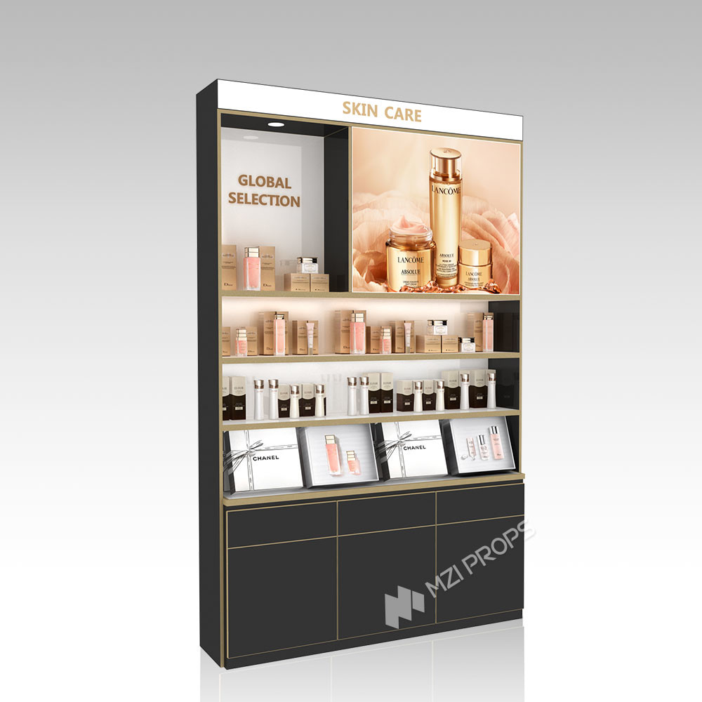 DYaS-VK-2-1 Skincare Display Cabinet with White LED Strips and Gold Edge Trimming