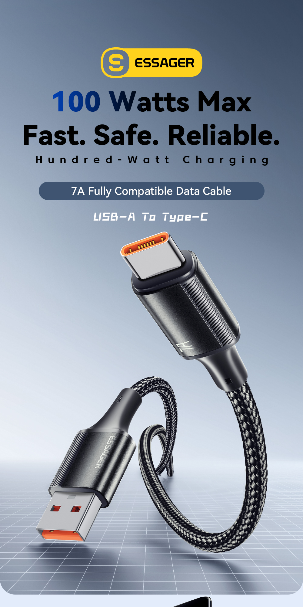 Aluminum Alloy Data Charging Cable USB C To USB A 100W 7A ESSAGER ES-X45 Series