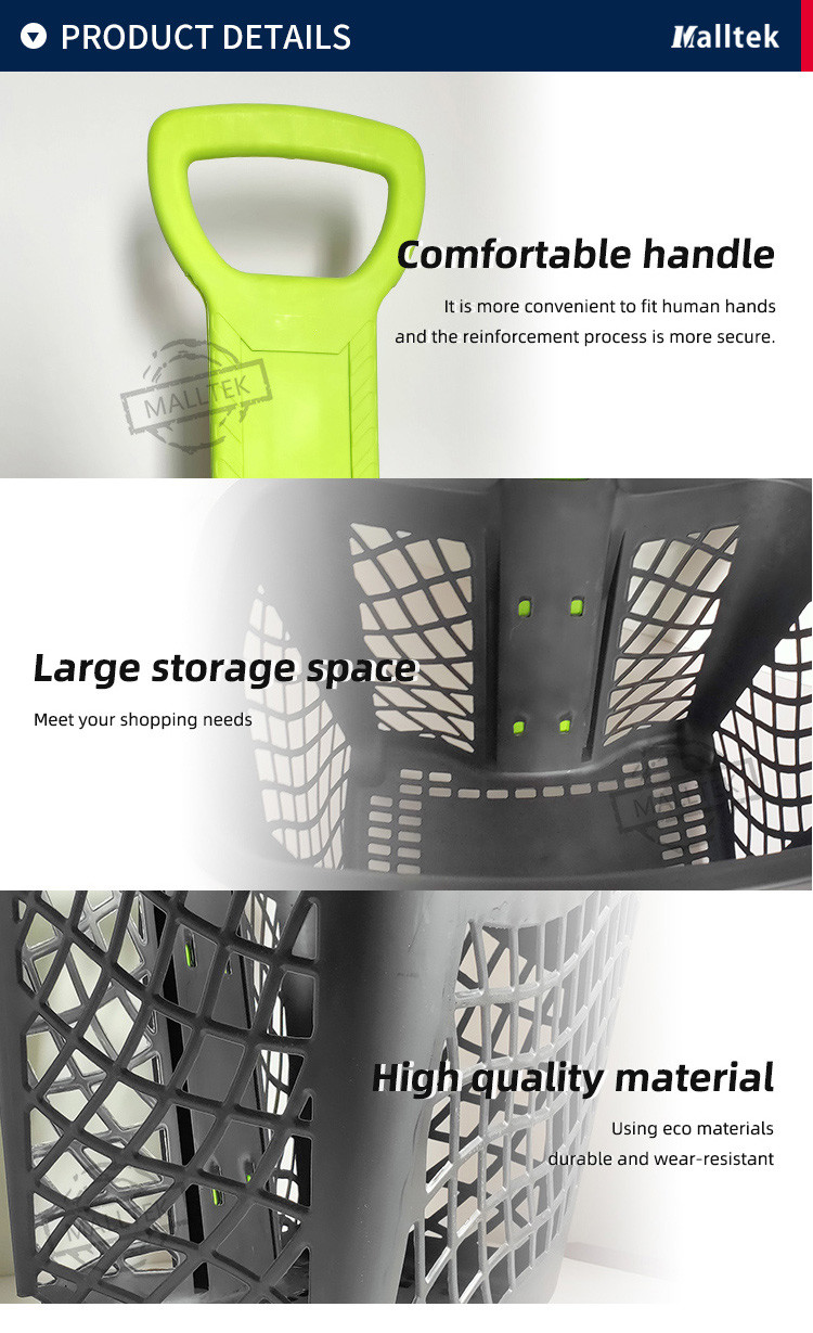 43L Capacity Supermarket Telescopic Handle Plastic Shopping Baskets With Wheels