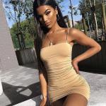 Spaghetti Straps Club Stretch 66cm Sleeveless Pleated Bodycon Dress