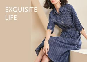 China 100% Cotton Belted Denim Dress Stripe Denim Button Through Long Skirt Indigo Color wholesale
