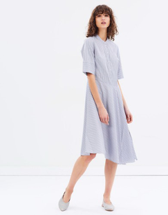 Woman Dress Summer 2018 Apparel Short Sleeve Woven Striped Midi Dress Wholesale