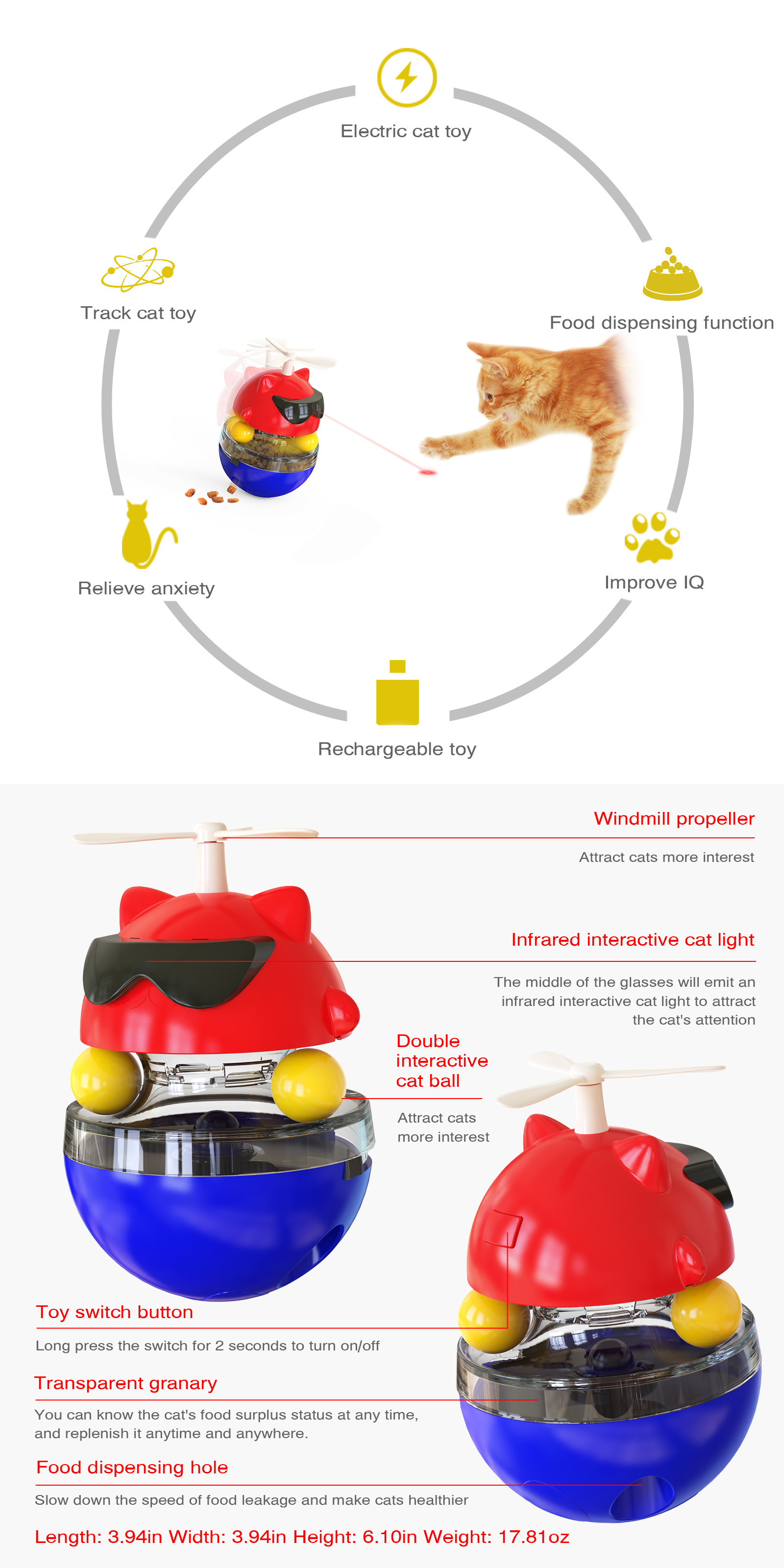 Infrared Interactive Pet Toys Cat Light Windmill Propeller USB Recharged 512g