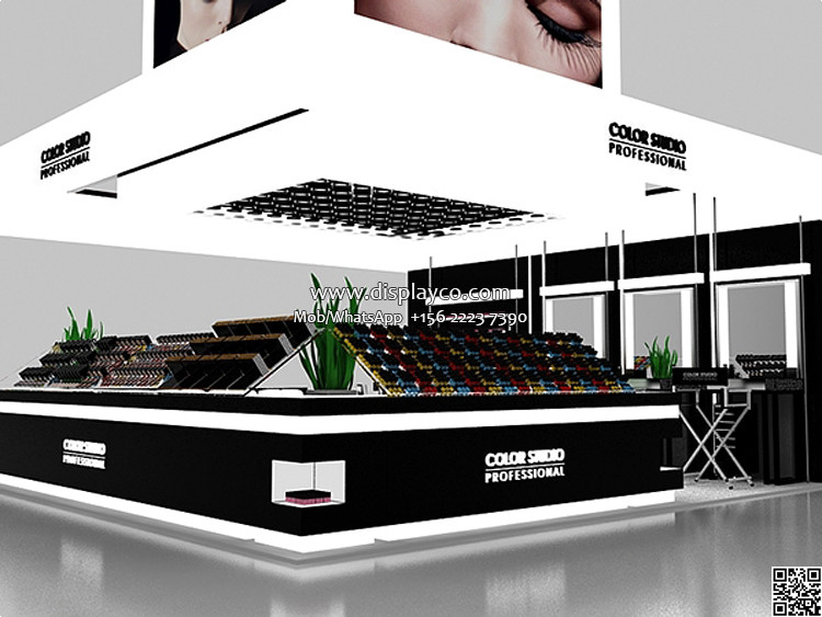 High level customzied cosmetics display design showcase custom design retail shop mall kiosk wall wood cosmetic display