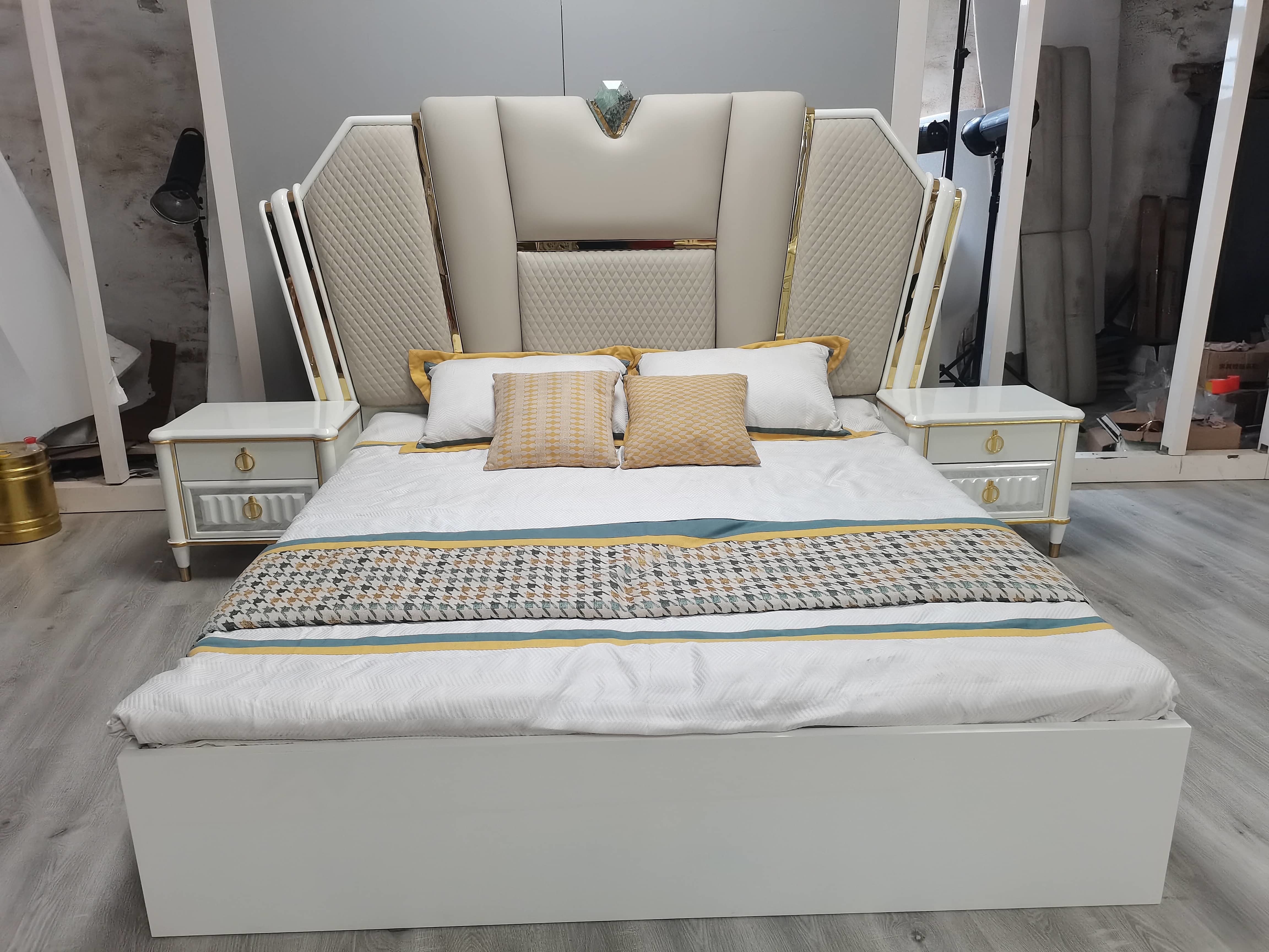 MDF Glass Bedroom Sets Furniture Wardrobe Bed Side Table Dressing Table Full Set