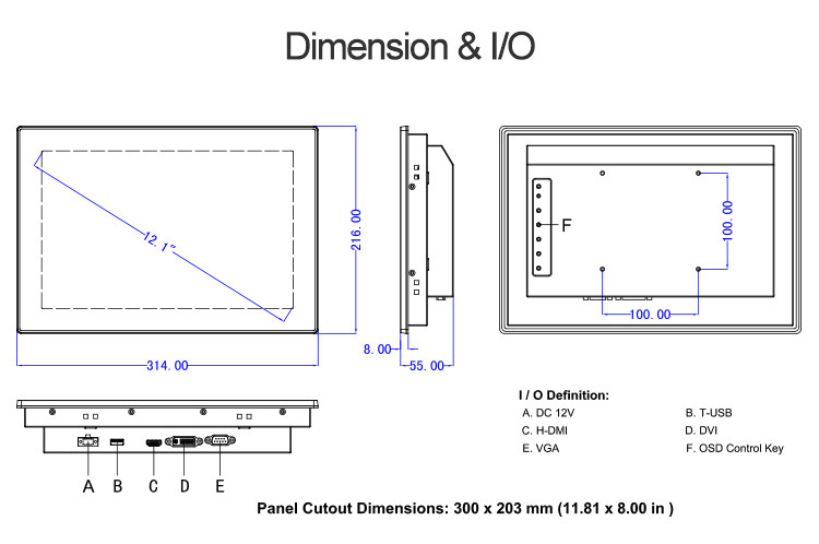 Capacitive 1280x800 Industrial Touch Screen Display Monitor 12 Inch Size