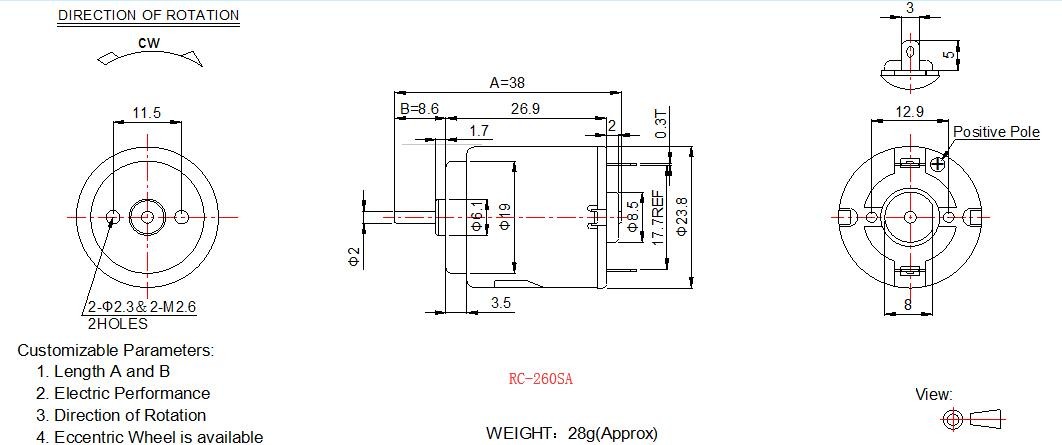 Mini Household Electric Motors Carbon Brush 3v 6v 12v 24mm Diameter RC-260