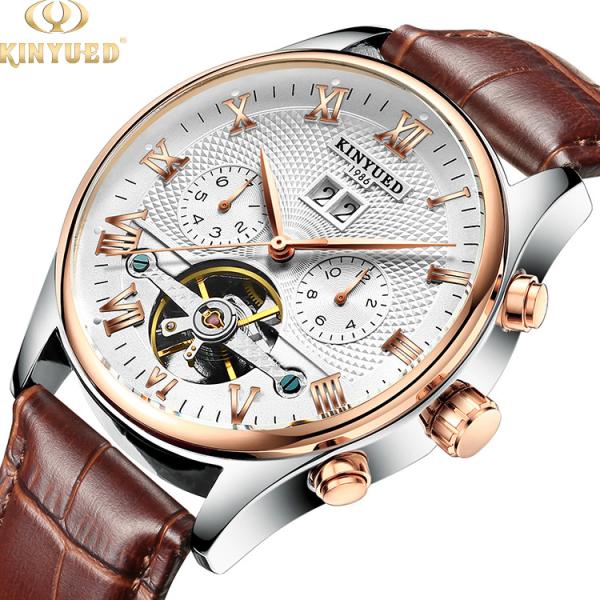 KINYUED Men's business waterproof automatic wrist watches fashion hollow
