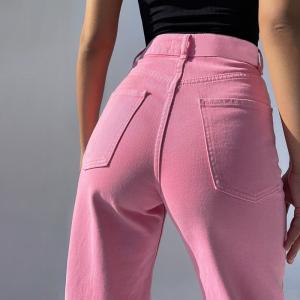 China Pink Ripped High Waist Straight Wide Leg Jeans Women wholesale