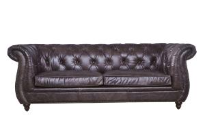 China Vintage Dark Brown Leather Three Seater Sofa Fine Upholstering Buttons Strong Frame wholesale