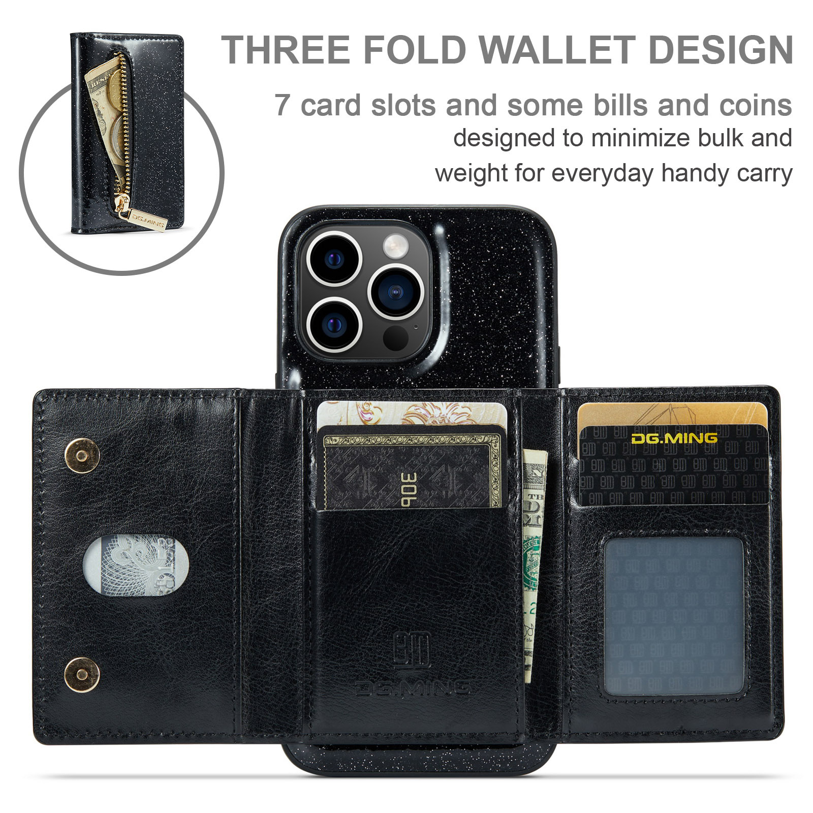 For IPhone15 Pro Max Flash Wallet Protector PU Mobile Cover IP14 Pro 2 in 1 Magnetic Cell Phone case
