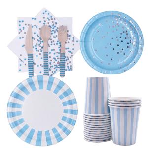 China Boys Christmas Blue Strip Birthday Paper Plates And Napkins Cups wholesale