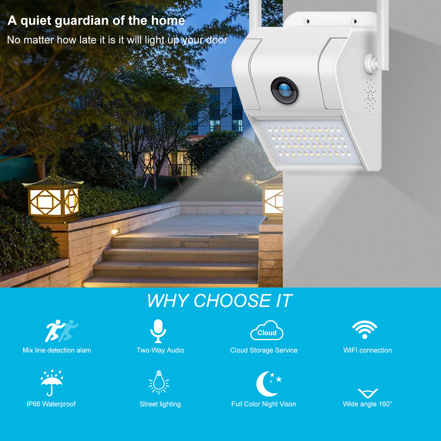 H.265 2MP wide angle view two way audio 2.8mm lens WiFi 20m ir distance TF card slot Dual light source courtyard camera