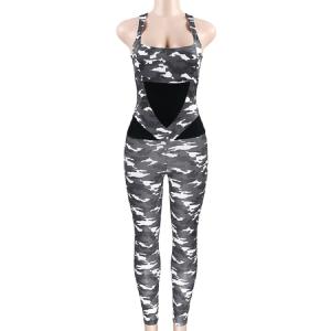 China Skinny Tight Nude Camo Print Backless Yoga Jumpsuit With Scrunch wholesale