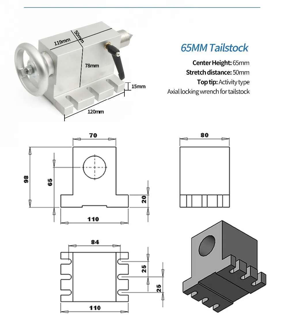 CNC A Rotary 4th Axis MT2 Tailstock 65mm K12-100mm 4 Jaw Chuck Dividing Head