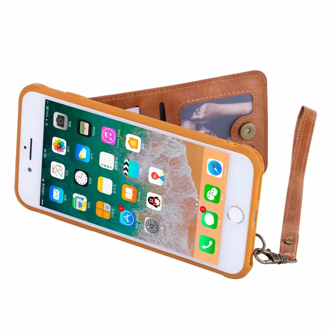 iPhone Portable Leather Phone Case with Card Holder Slot Lanyard Strap