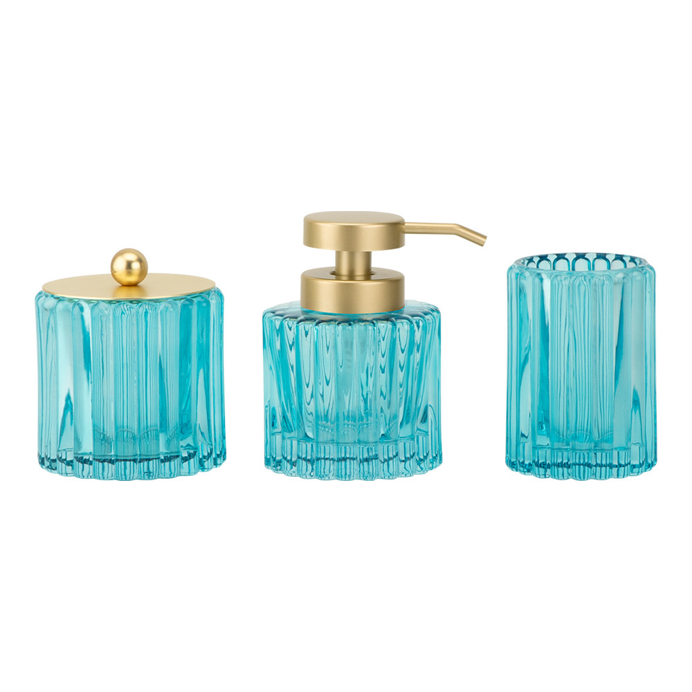 Blue Glass Modern Bathroom Accessories Round Shape With vertical Stripe Bathroom Soap Dispenser