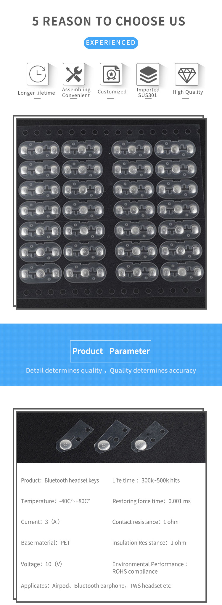 ROHS Compliance Metal Dome Arrays 100K ~ 3KK Shots Lifetime For Airpod Plug