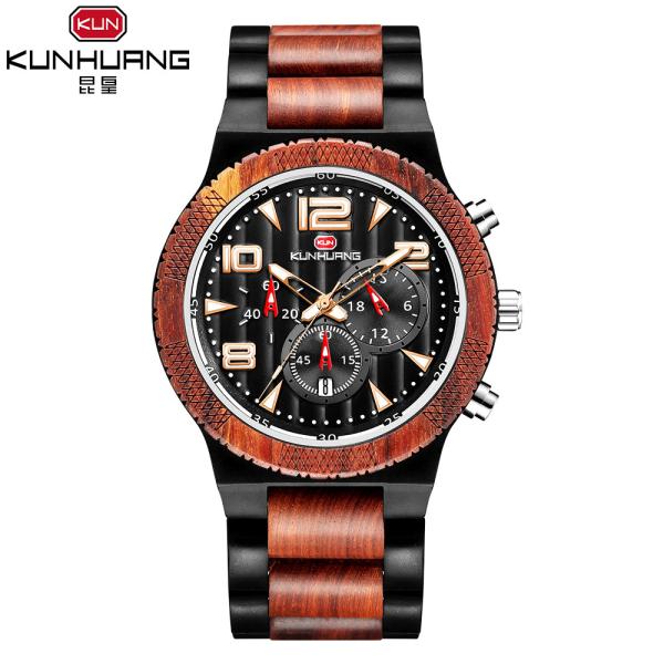 Man Black Dial Red And Black Sandel Wooden Quartz Watch Luminous Water Proof