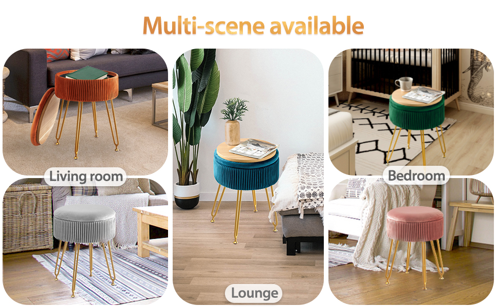 Custom Logo Velvet Storage Ottoman Footstool with Metal Legs and Round Footrest Stool