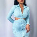 Single Breasted Sexy Ladies Long Sleeve Dress Slim Waist Cutout V Neck