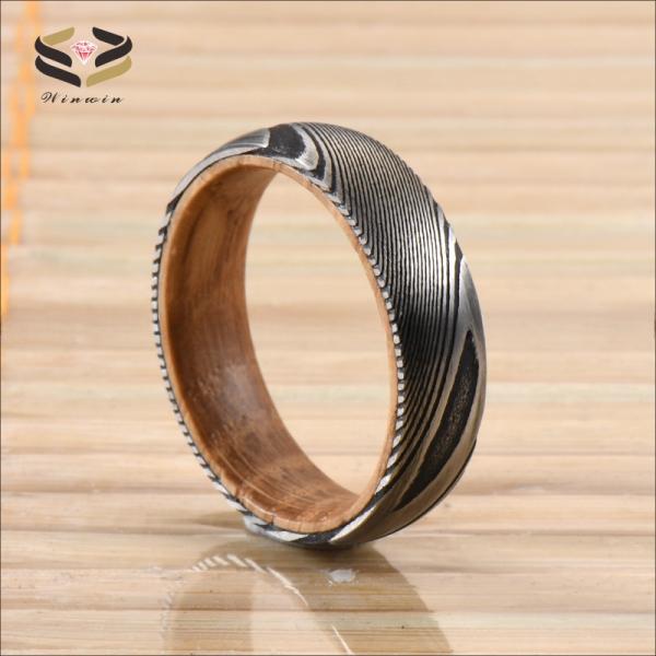 Etched Damascus Steel Wedding Rings 6mm 8mm With Whiskey Barrel Wood Sleeve Inlay