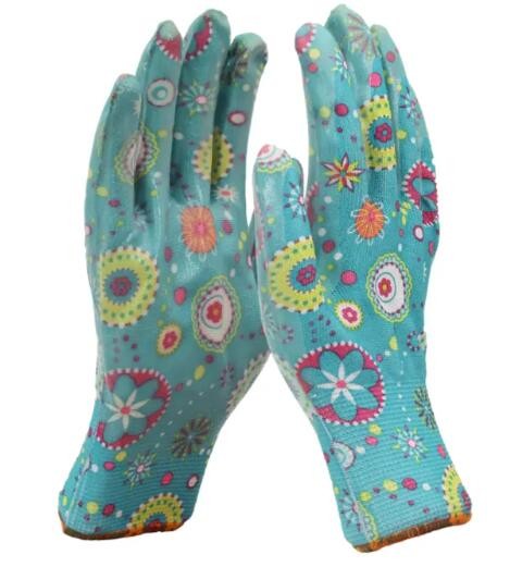 Garden Nitrile Coated Gloves Floral Liner Nitrile Palm Gloves Size 9 Size 10