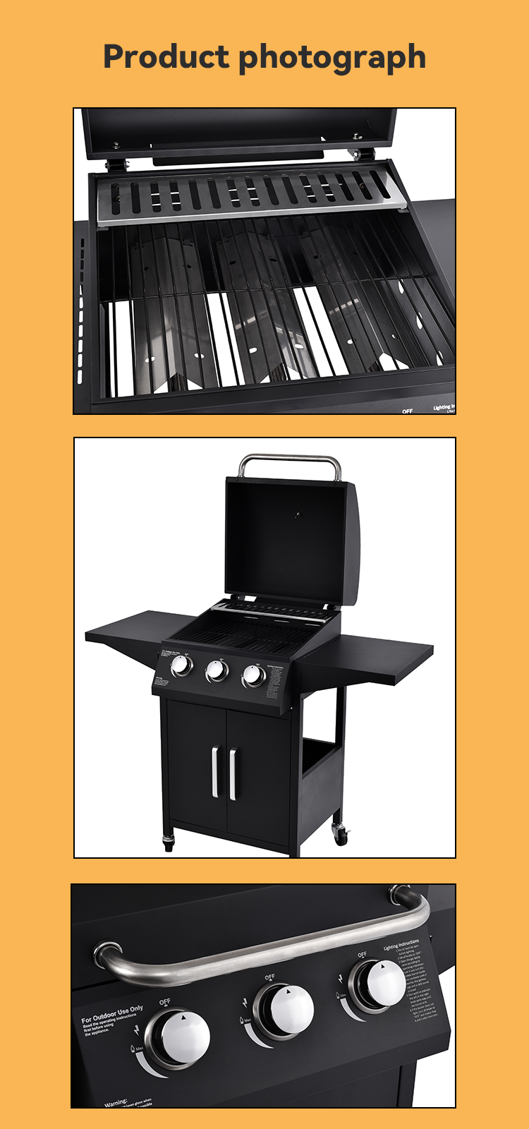High Temp Powder Coated 3 Burner Gas Grill with 2 Foldable Side Board Natural Gas