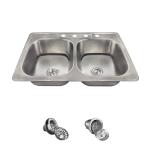 33'X19' 4 Holes Brushed Stainless Steel Double Bowl Sink Topmount
