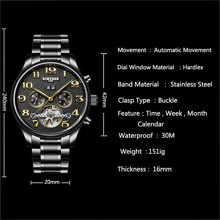 Automatic mechanical KINYUED watch fashion stainless steel mens waterproof automatic mechanical watch
