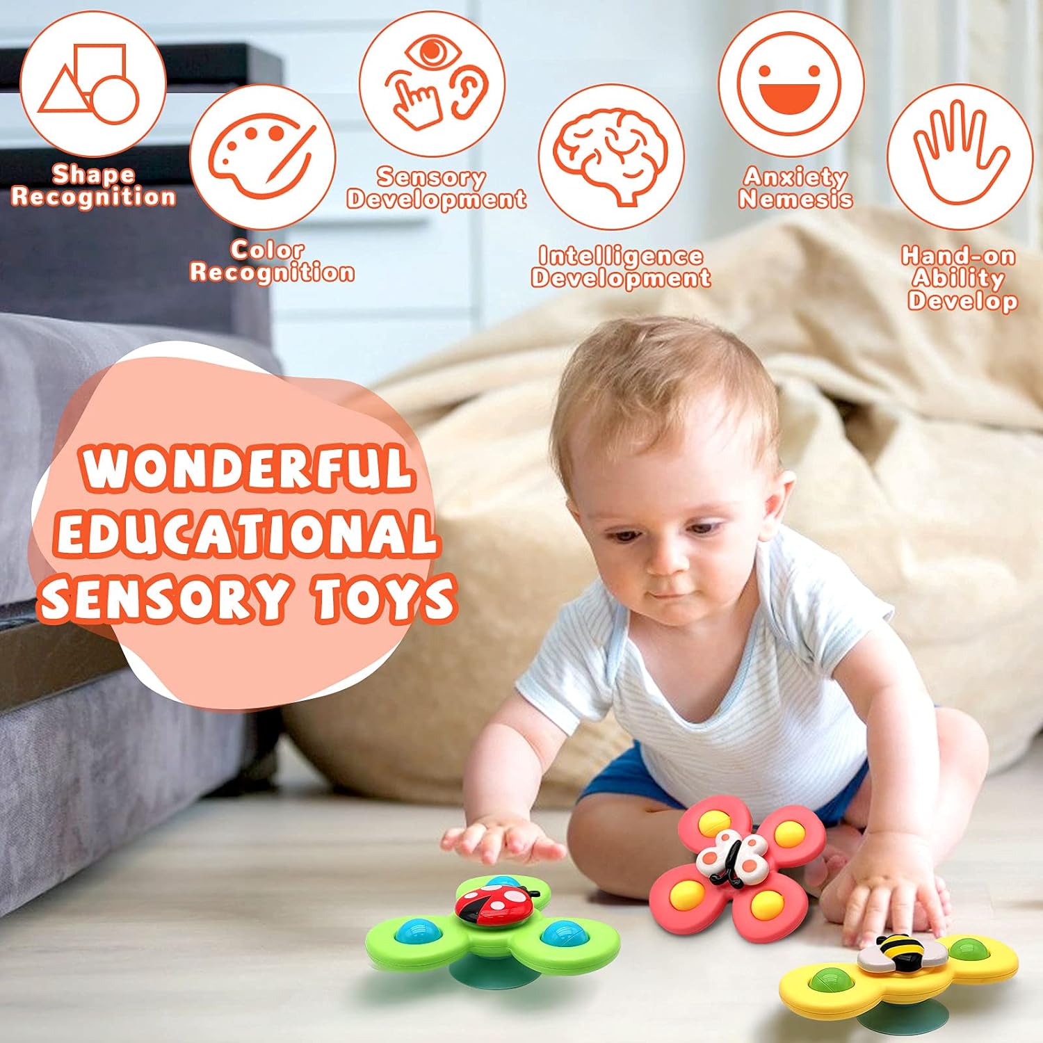 0-6 Year Olds Unisex Sensory Learning Toys 3 Pcs Suction Cup Spinner for Bath Time Fun