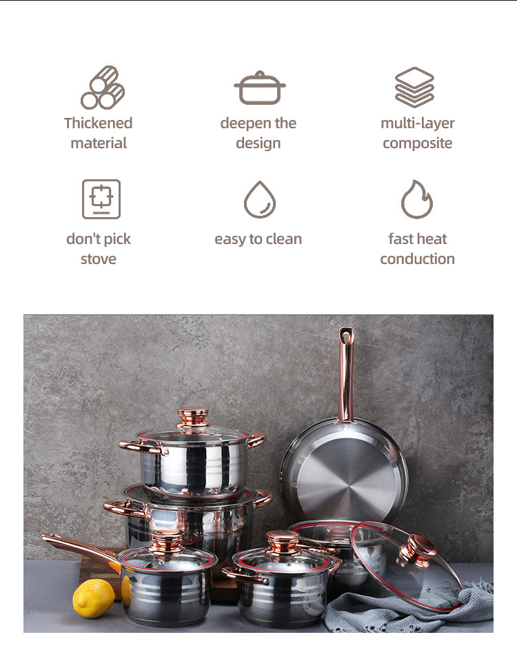 New Product 12 PCS 201 Stainless Steel Pan And Pot Nonstick Cookware Sets With Stainless Steel Handle