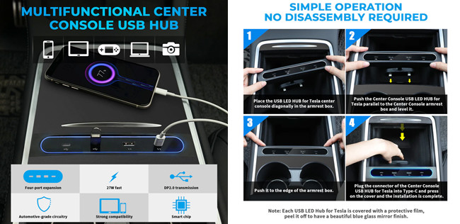 Shunt Hub Tesla Model Accessories 4 Ports Tesla Y Usb Ports 27W Quick Charger