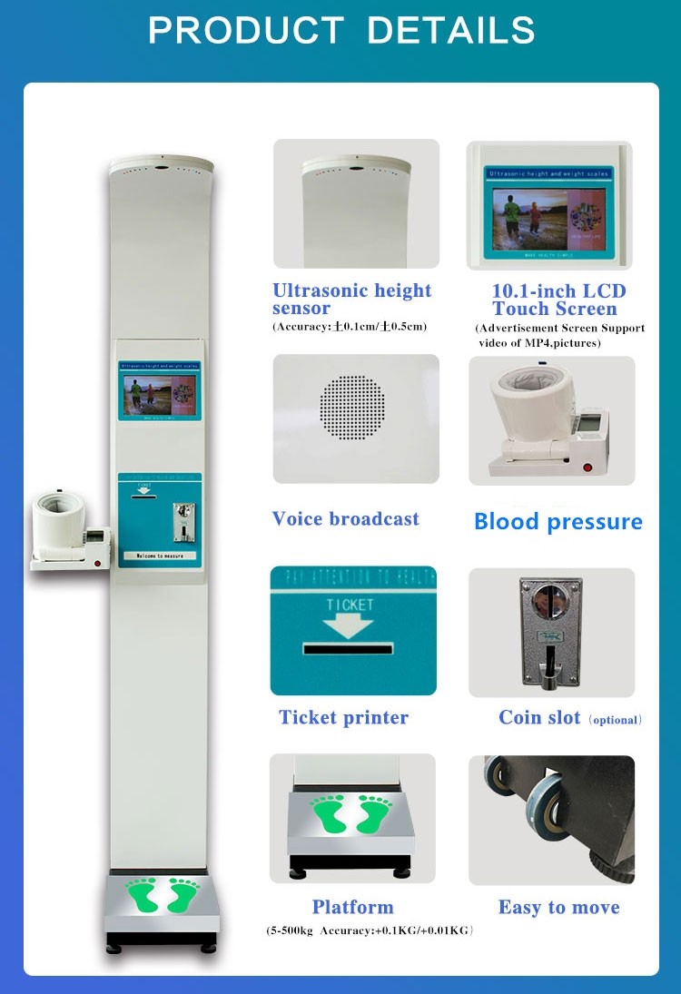 Sh-800a Coin Operated Ultrasonic Scale Multi Functions Body Height Weight Blood Pressure