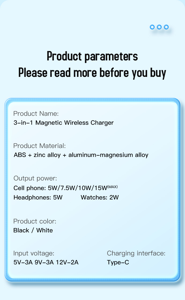 3 In 1 Fast Wireless Charger with Over-Charging Protection and Magnetic Foldable Design