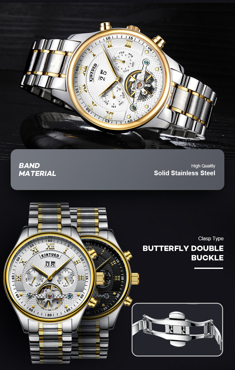 KINYUED Brand Two-Tone Gold Silver Case Automatic Movement Solid Stainless Steel Strap Waterproof Mechanical Men's Watch