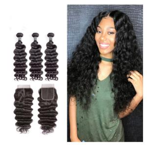 China 12 Inch Virgin Indian Human Hair Weave / Closure Deep Wave Bundles wholesale