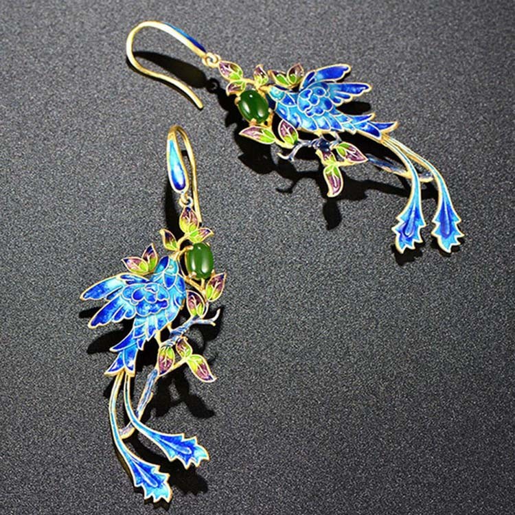 Gold Plated Stering Silver Drop Earrings with Cloisonne Enamel Phoenix Style Fashion Jewelry(E6050601BLUE)