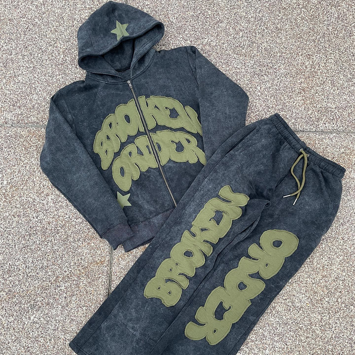 Custom Oversized Sun Faded Distressed Zip Up Embroidered Patch Hoodie Set