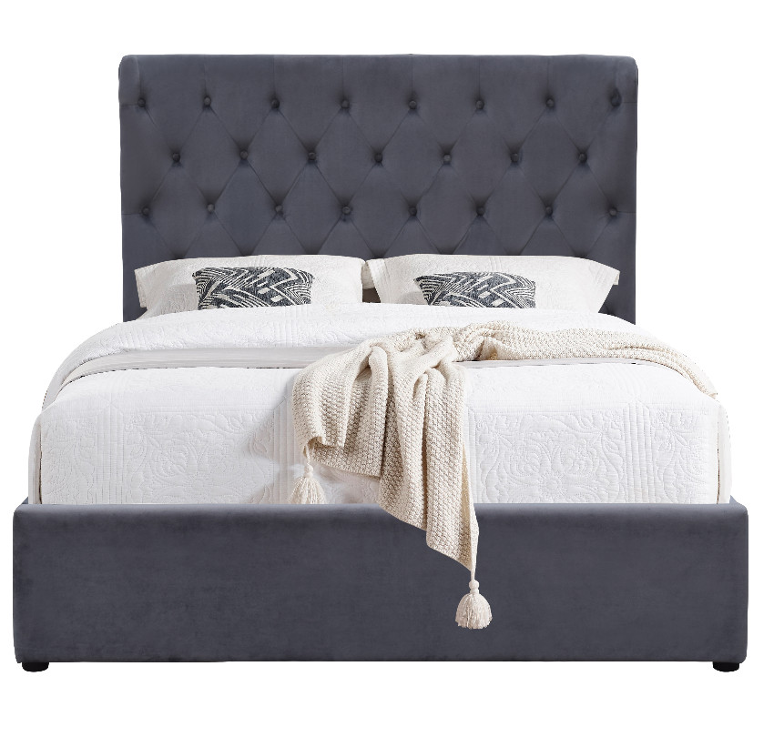 King Size 500lbs Gas Lift Storage Bed Grey Velvet Fabric Tufted Buttons On Headboard