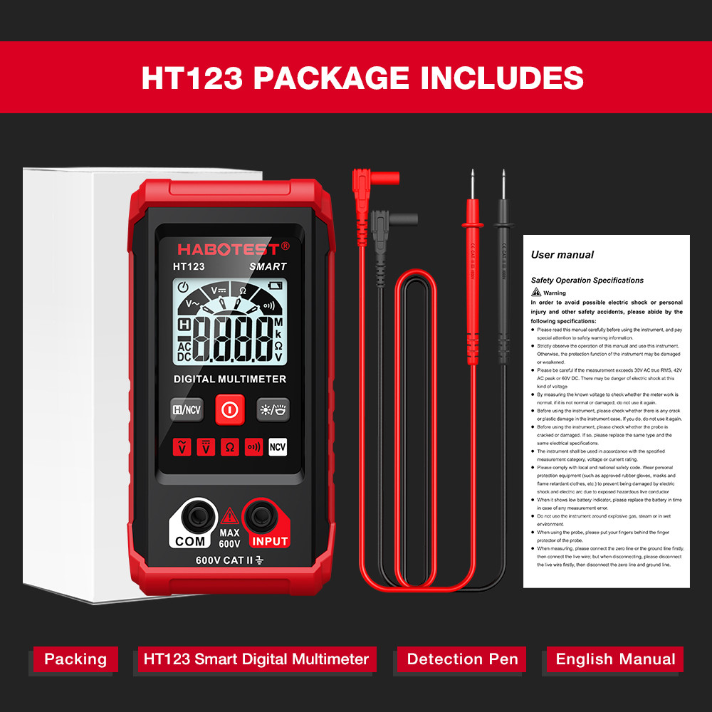 HT123 Smart Digital Multimeter AC/DC Voltage Resistance Continuity Measurement Tester NCV Multimeter With Backlight