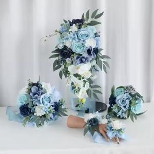 China Ice Blue Rose Bride Holding Flowers Bridesmaid Bouquet Wedding Corsage Wrist Flower Wedding Artificial Flowers wholesale