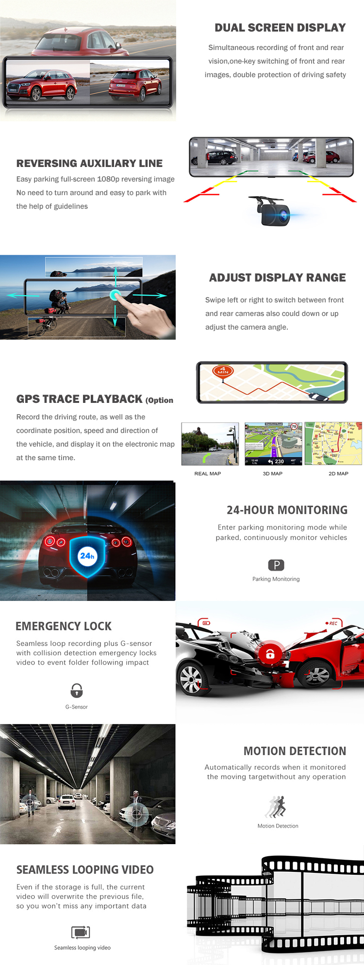 Waterproof 4K 1080P 12" 11.26" Mirror Dash Cam With Wifi Recorder