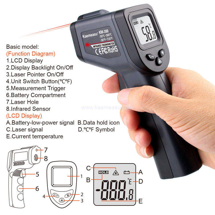 Kaemeasu 550℃ High Precision Thermo Temp Gun Infrared For Oil / Ice / Melting Pot / BBQ