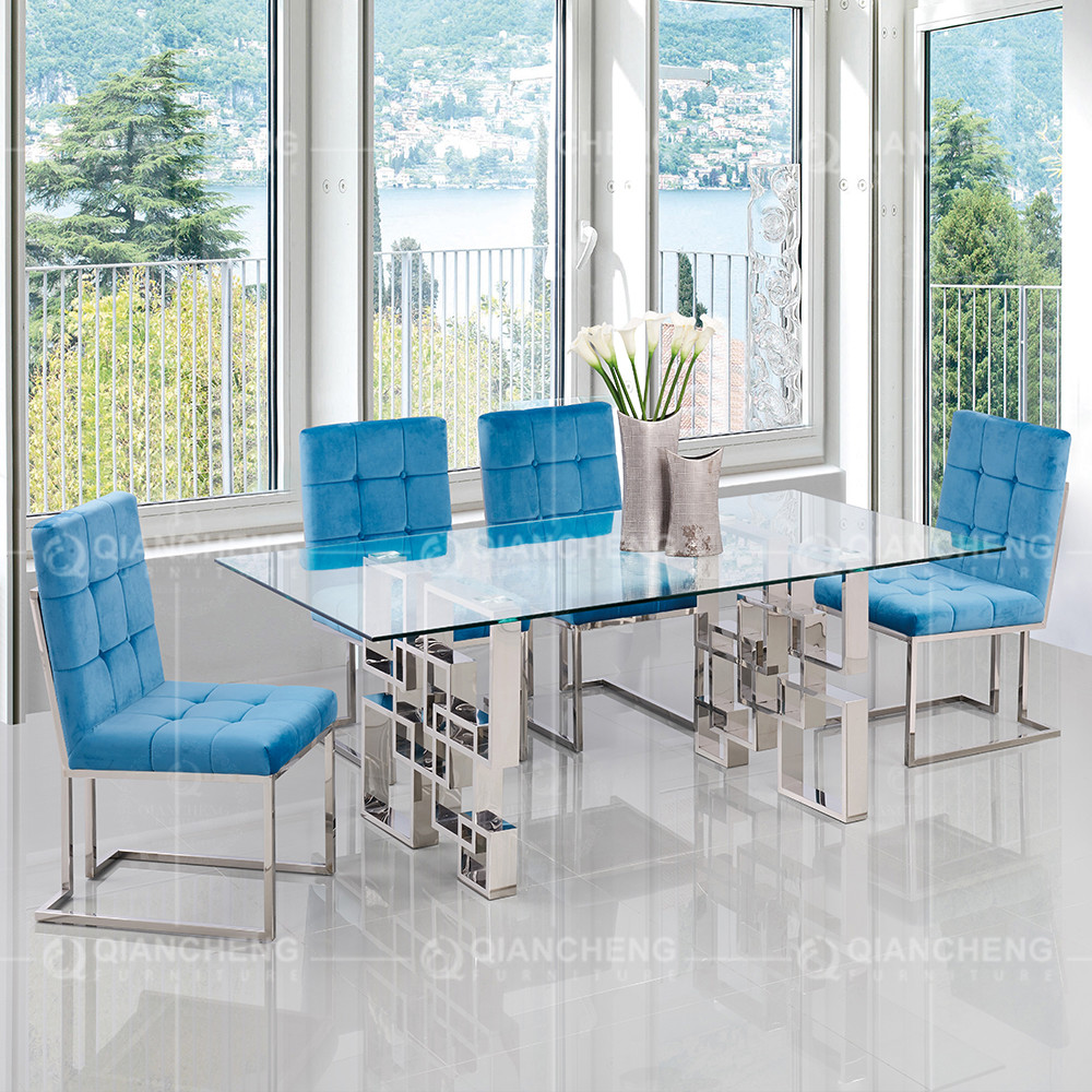 Modern 200cm Tempered Glass Dining Table Set 6 Chairs Stainless Steel Base