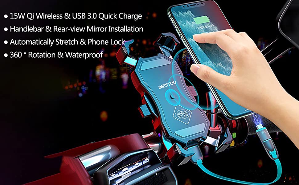 Qi&USB Fast charging 15W Motorcycle Phone Mount Charger