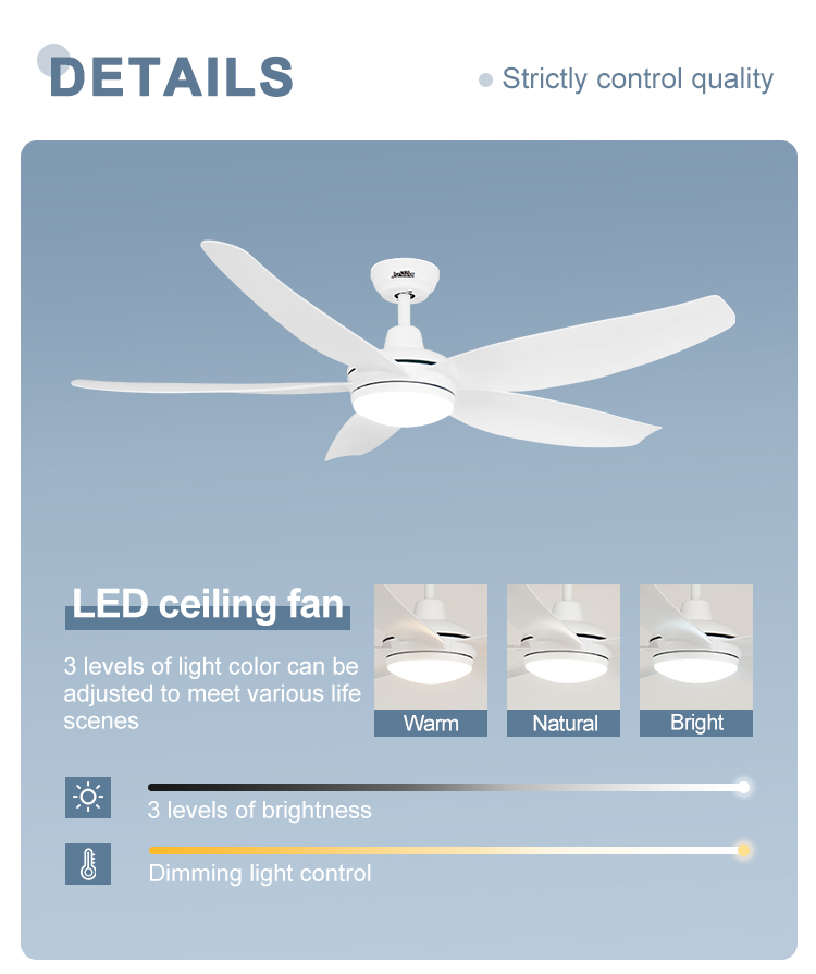 6 Speed Choice Indoor Ceiling Fan with LED Light and Low Noise Plastic White Blades
