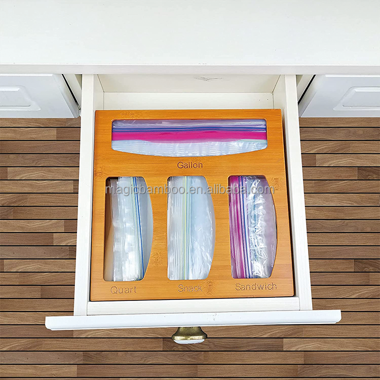 Bamboo Ziplock Bag Storage Organizer Natural Bamboo Plastic Wrap Storage And Dispenser